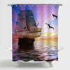 Old Merchant Sail Ship Going Back with Seagull Flying Around by Colorful Sunset Shower Curtain - Purple