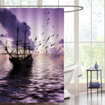 Silhouette of Fishing Boats and Flying Birds Against Dramatic Ocean Sky Shower Curtain - Purple