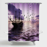 Silhouette of Fishing Boats and Flying Birds Against Dramatic Ocean Sky Shower Curtain - Purple