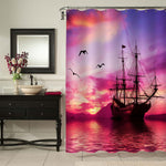 Ancient Sailboat Surrounded by Seagulls at Sunset Shower Curtain - Pink Purple