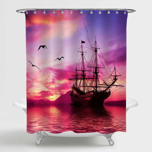 Ancient Sailboat Surrounded by Seagulls at Sunset Shower Curtain - Pink Purple