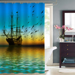 Sailboat and Seagulls Flying on the Sea Shower Curtain - Blue Green Gold