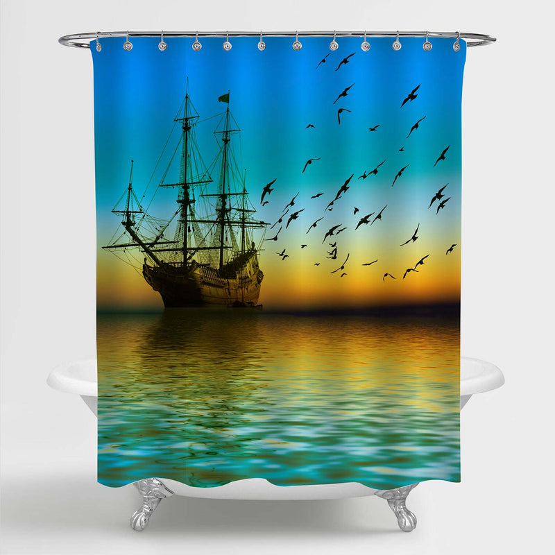 Sailboat and Seagulls Flying on the Sea Shower Curtain - Blue Green Gold