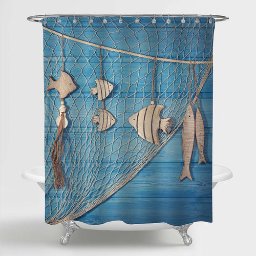 Marine Network Rope and Fishes Shower Curtain - Blue