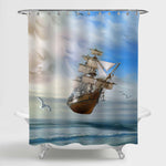 Flying Acient Sailboat by Wind Shower Curtain - Blue