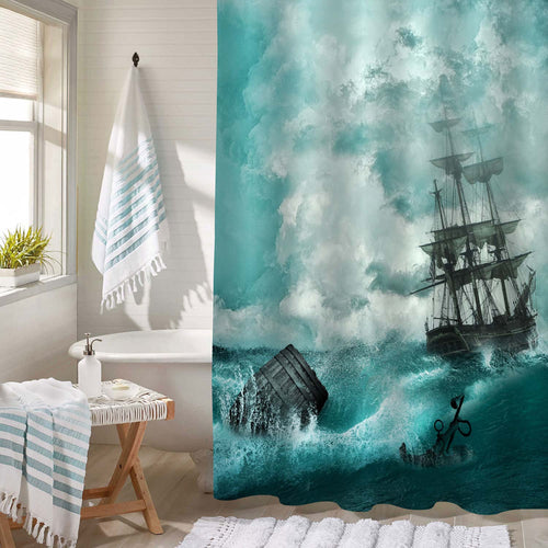 Vintage Old Sailboat Sailing in Stormy Rainy Weather Ocean Waves Shower Curtain - Green Blue