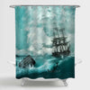 Vintage Old Sailboat Sailing in Stormy Rainy Weather Ocean Waves Shower Curtain - Green Blue