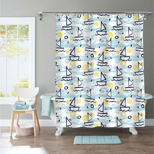 Hand Painted Gouache Ships Shower Curtain - Blue Green