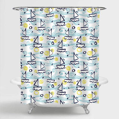 Hand Painted Gouache Ships Shower Curtain - Blue Green