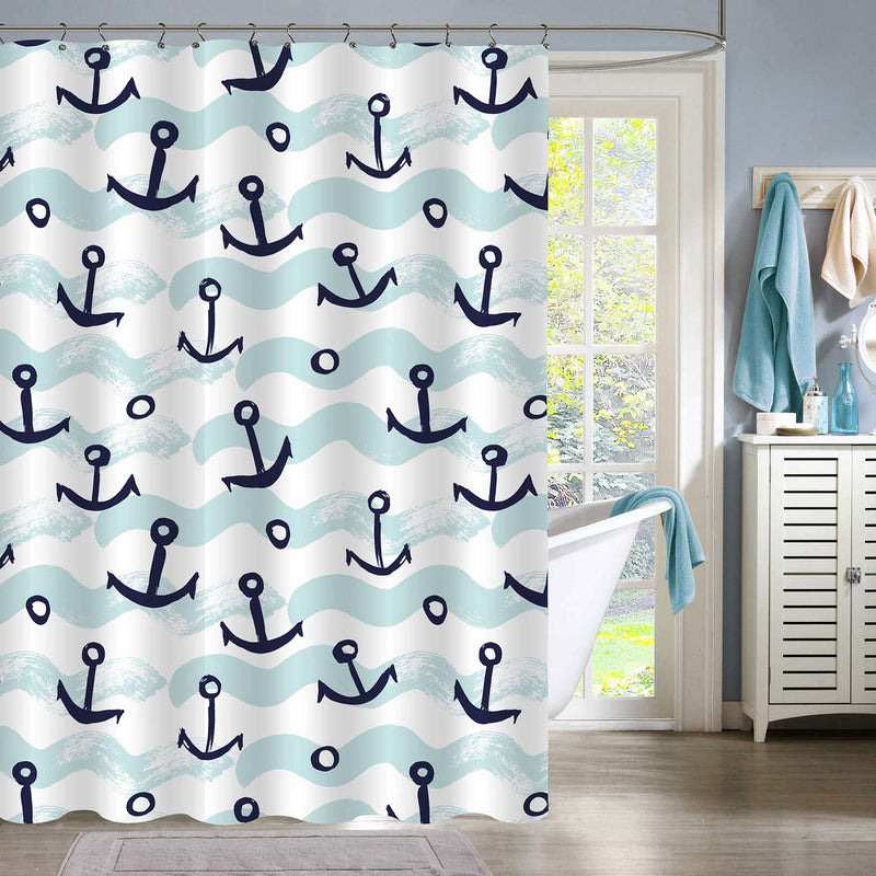 Vintage Ship Anchor with Sea Waves Painting Shower Curtain - Blue Aqua