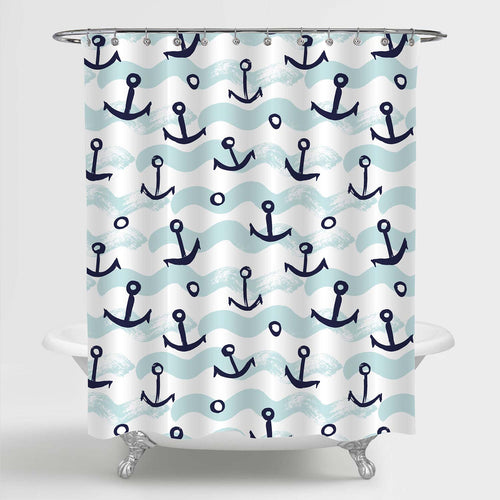 Vintage Ship Anchor with Sea Waves Painting Shower Curtain - Blue Aqua