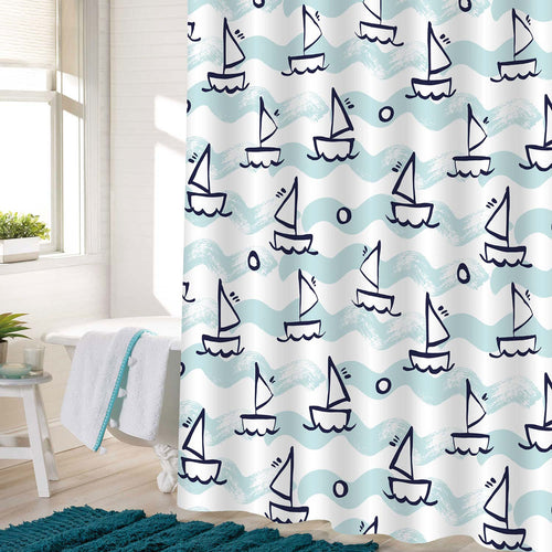 Bold Brushstroke Sailboat in Ocean Waves Shower Curtain - Blue Aqua