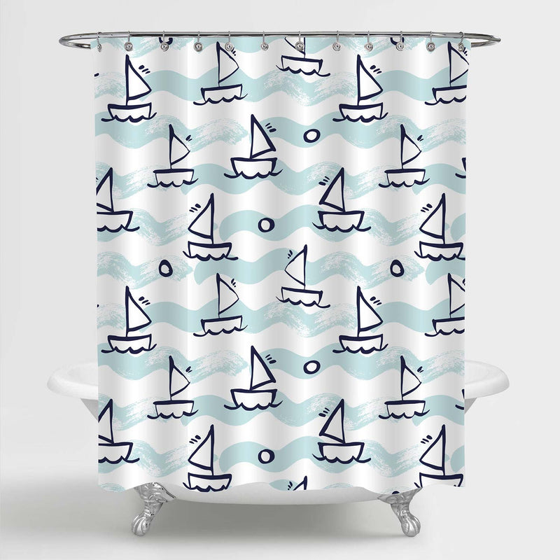 Bold Brushstroke Sailboat in Ocean Waves Shower Curtain - Blue Aqua