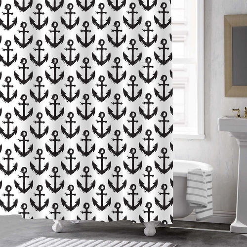 Hand Drawn Nautical Anchor Shower Curtain - Black White