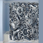 Hand-Drawn Monochrome Nautical Doodles Shower Curtain - Grey Blue