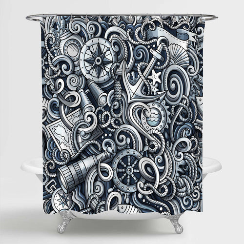 Hand-Drawn Monochrome Nautical Doodles Shower Curtain - Grey Blue