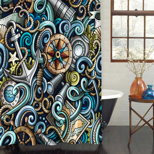 Hand Drawn Nautical Doodles Shower Curtain - Multicolor