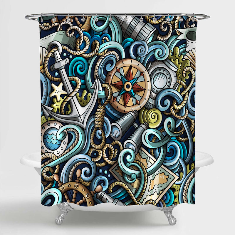 Hand Drawn Nautical Doodles Shower Curtain - Multicolor