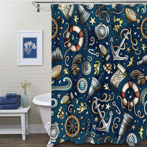 Nautical Doodles Shower Curtain - Dark Blue