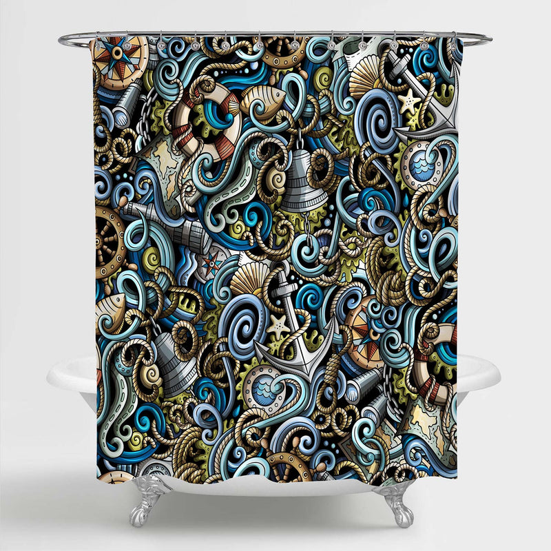 Hand Drawn Nautical Doodles Shower Curtain - Multicolor