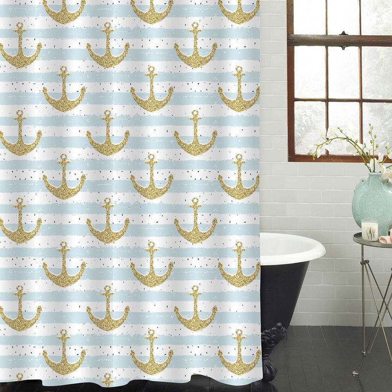 Hand Drawn Nautical Glitter Anchor on Striped Background Shower Curtain - Gold Light Blue