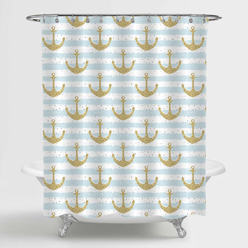 Hand Drawn Nautical Glitter Anchor on Striped Background Shower Curtain - Gold Light Blue