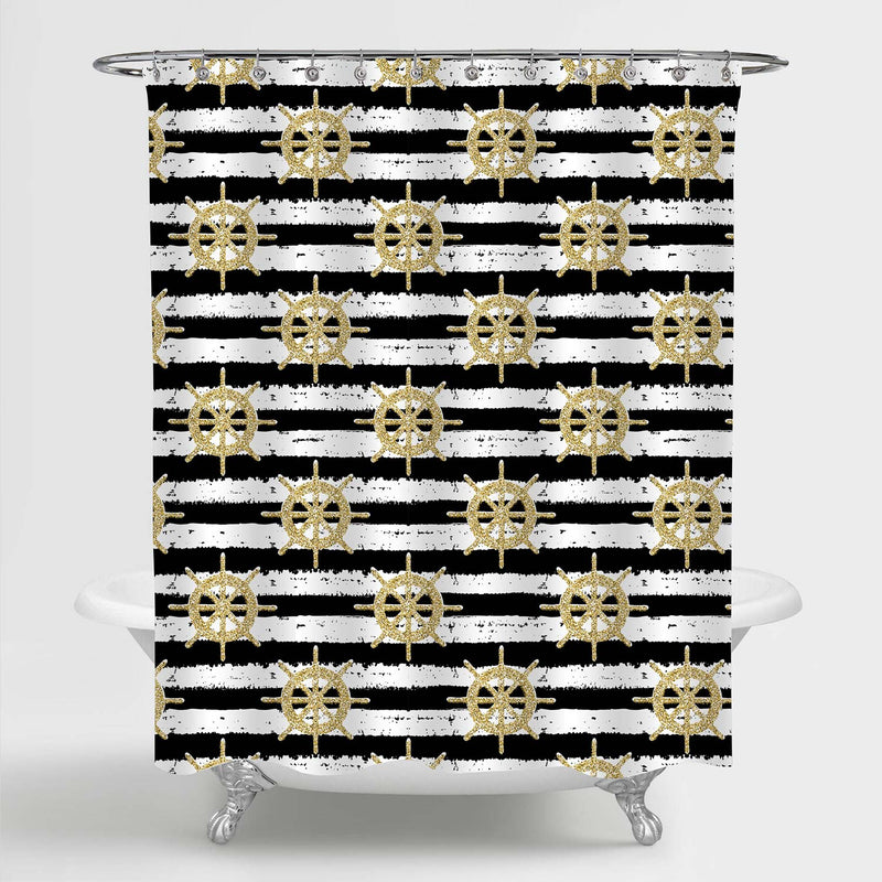 Nautical Pattern with Helms for Adventure Shower Curtain - Black White Gold