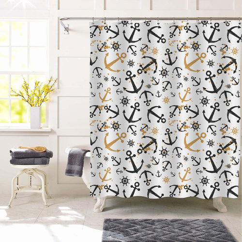 Hand Drawn Sea Anchor Steering Wheel Shower Curtain - Black Gold