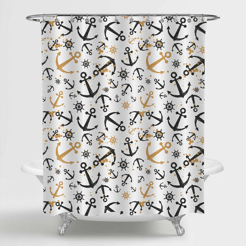 Hand Drawn Sea Anchor Steering Wheel Shower Curtain - Black Gold