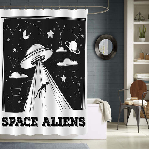 Hand Drawn UFO Abduction Shower Curtain - Black White