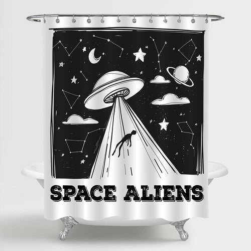 Hand Drawn UFO Abduction Shower Curtain - Black White