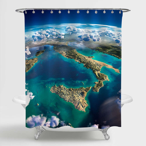 Italy with Exaggerated Relief Translucent Ocean and Clouds Shower Curtain - Green Yellow