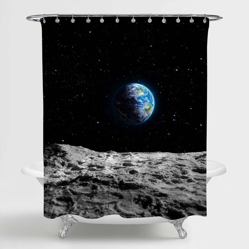 Planet Earth from Moon Surface 3D Illustration Shower Curtain - Black Grey