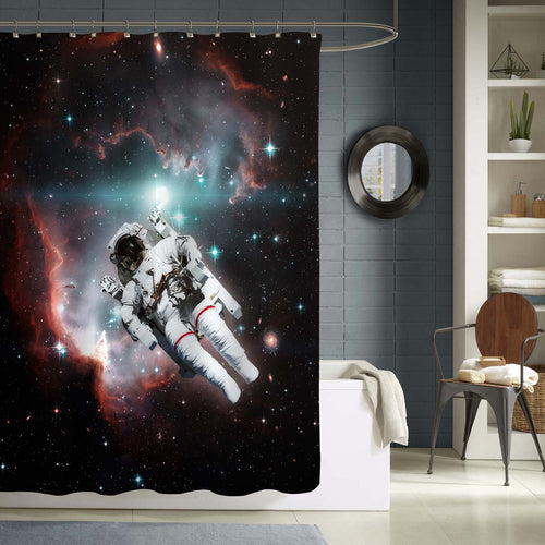 NASA Astronaut Floating in Outer Space Against the Nebula Shower Curtain - Black Pink