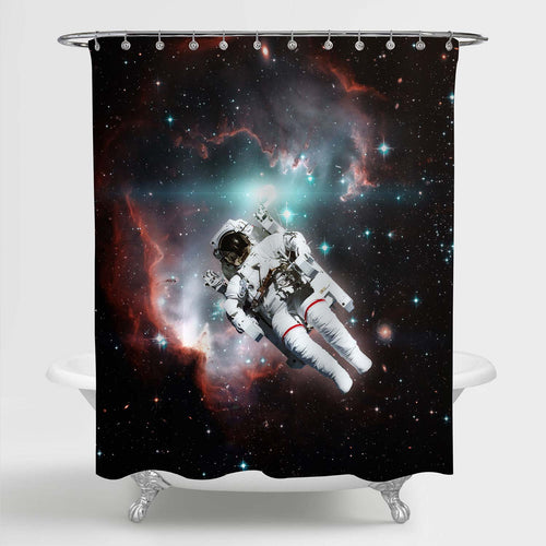 NASA Astronaut Floating in Outer Space Against the Nebula Shower Curtain - Black Pink