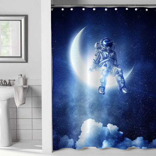 Astronaut Sit on Crescent Moon Shower Curtain - Blue