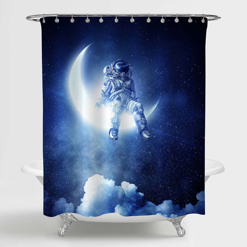Astronaut Sit on Crescent Moon Shower Curtain - Blue