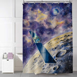 Watercolor Outer Space Satelite Close to Moon Shower Curtain - Purple