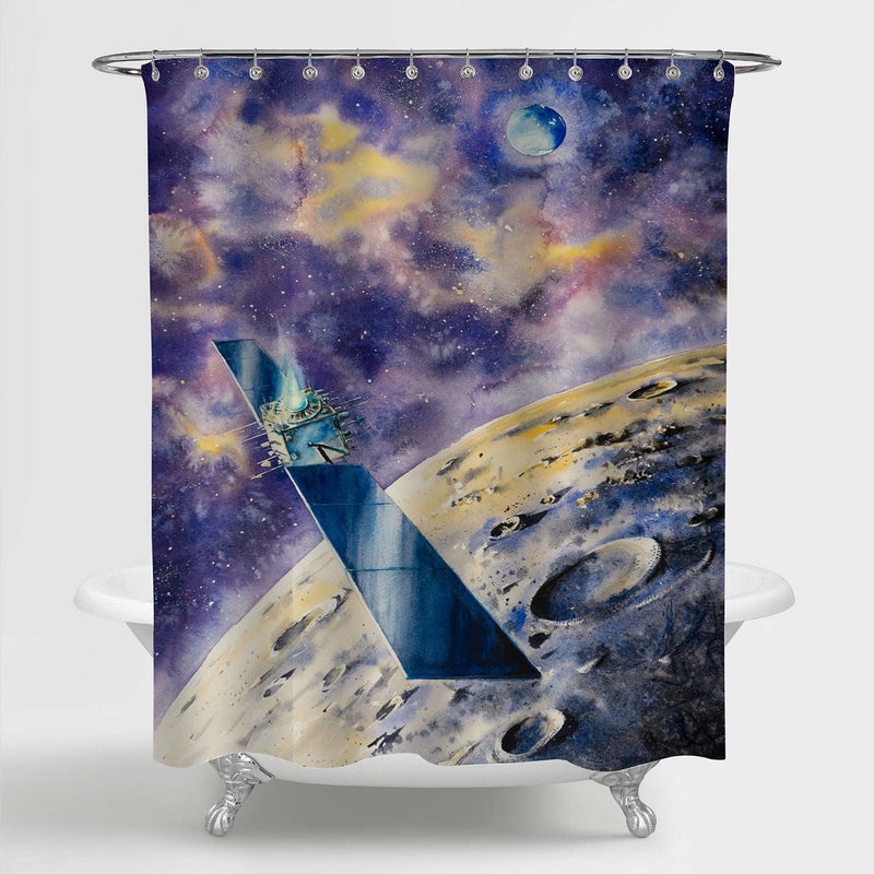 Watercolor Outer Space Satelite Close to Moon Shower Curtain - Purple