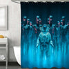 Ominous Military Robots Surrounding Lone Human Astronaut Shower Curtain - Blue