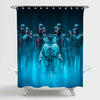 Ominous Military Robots Surrounding Lone Human Astronaut Shower Curtain - Blue