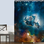 Scout Ship of Single man Military Starship Travelling Through Deep Space Shower Curtain - Blue Gold