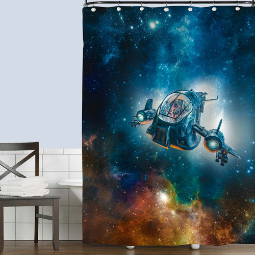 Scout Ship of Single man Military Starship Travelling Through Deep Space Shower Curtain - Blue Gold