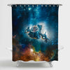 Scout Ship of Single man Military Starship Travelling Through Deep Space Shower Curtain - Blue Gold