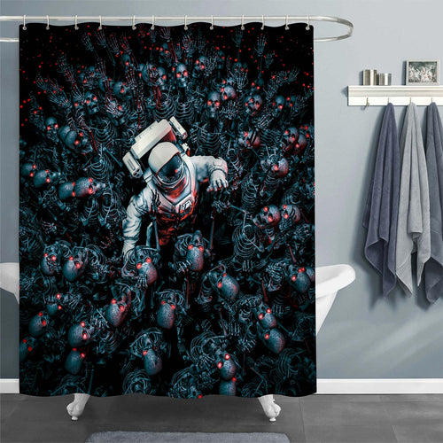 Astronaut Surrounded by a Horde of Robot Zombie Skeletons Shower Curtain - Dark Blue