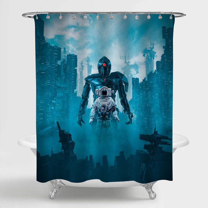NASA Astronaut Guarded by Giant Robot Cyclops Shower Curtain - Blue