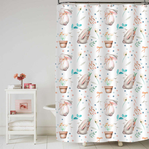 Hand Drawn Bunnies and Florals Shower Curtain - Pink