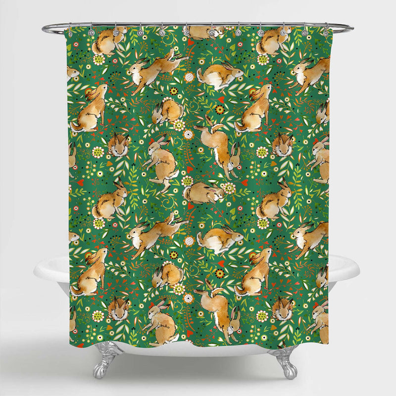 Hand Drawn Rabbit with Flower Plant Herb and Leaves Shower Curtain - Brown Green