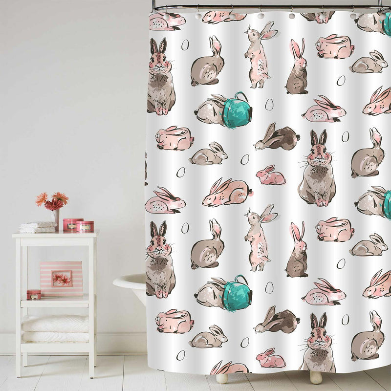 Hand Drawn Happy Easter Bunny and Easter Eggs Shower Curtain - Multicolor