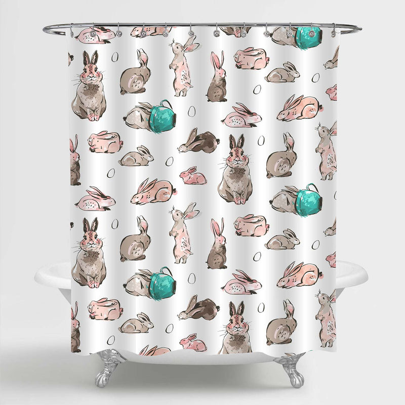 Hand Drawn Happy Easter Bunny and Easter Eggs Shower Curtain - Multicolor